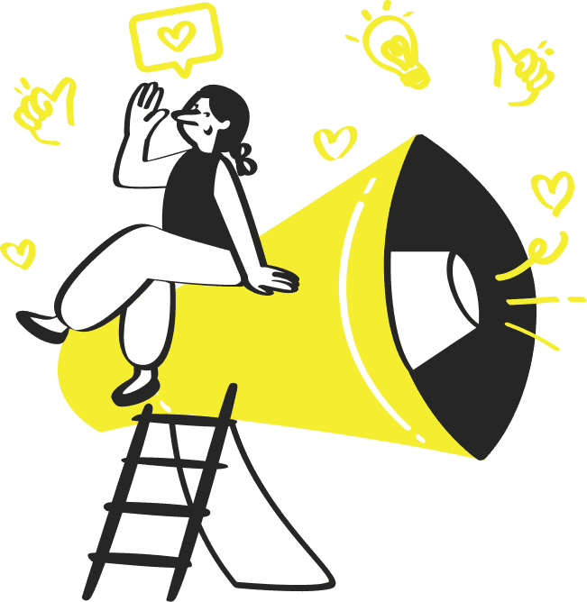 Digital Corvids illustration showing a person climbing a ladder next to a large yellow megaphone with floating icons