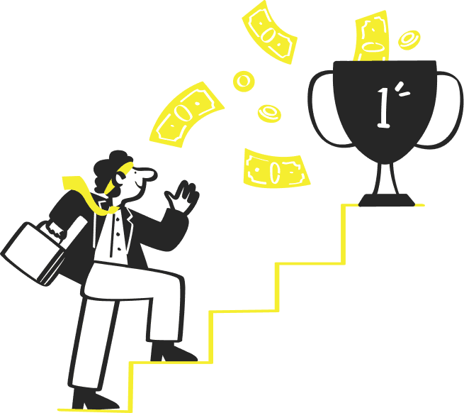 Digital Corvids why us illustration showing a person climbing stairs with trophy and money floating around